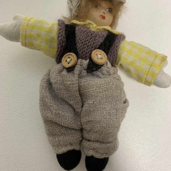 Vintage Doll 6" Small Child Boy Knit Overalls Hat - Picture 6 of 7